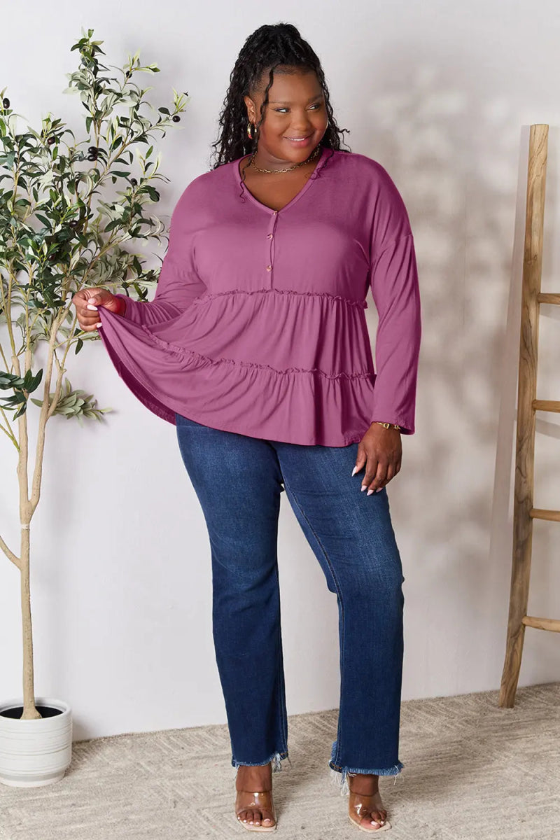 Double Take Half Button Long Sleeve Ruffle Hem Blouse - Love Salve